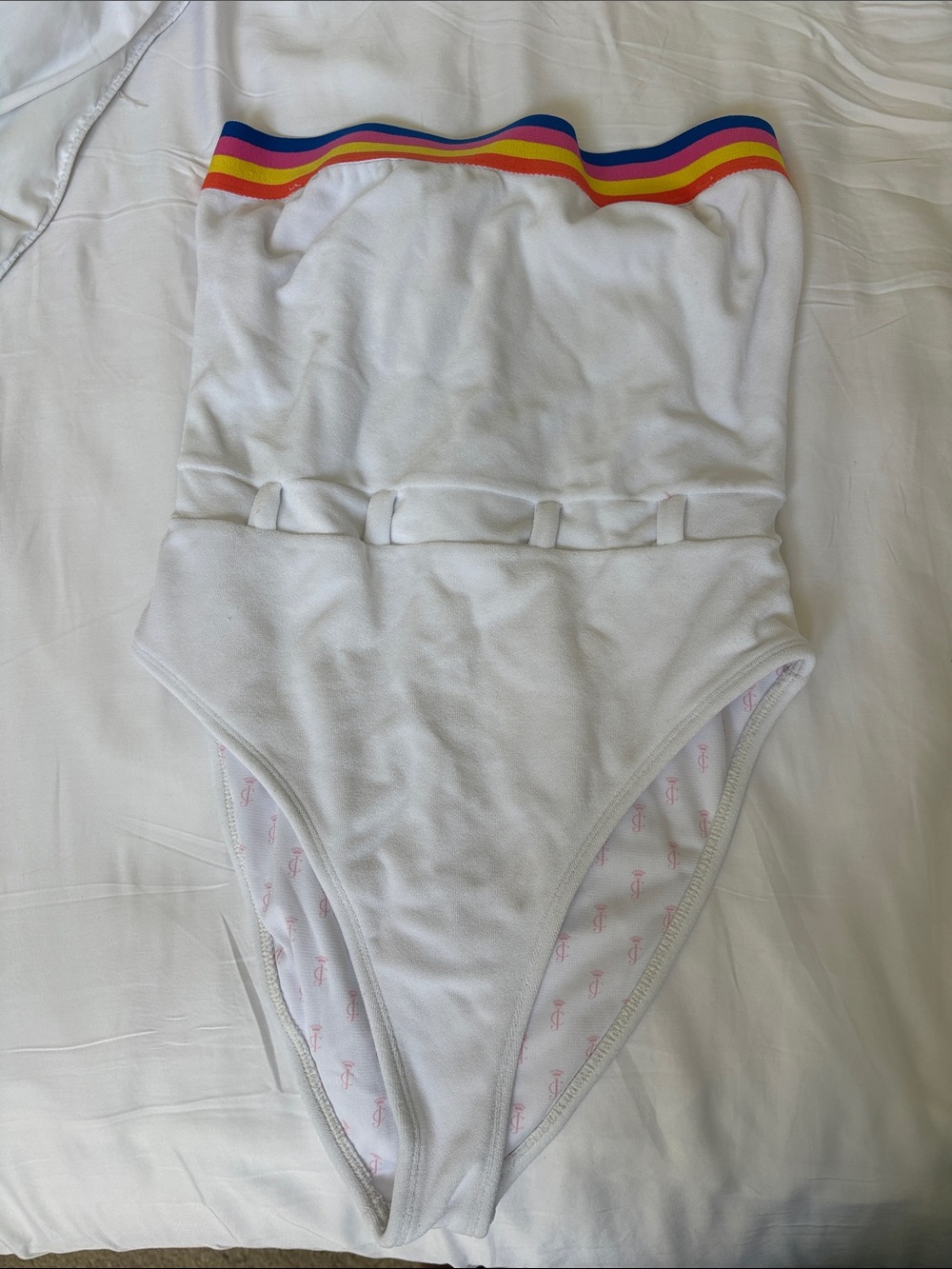 Women’s White One-Piece Swimsuit with Rainbow Trim